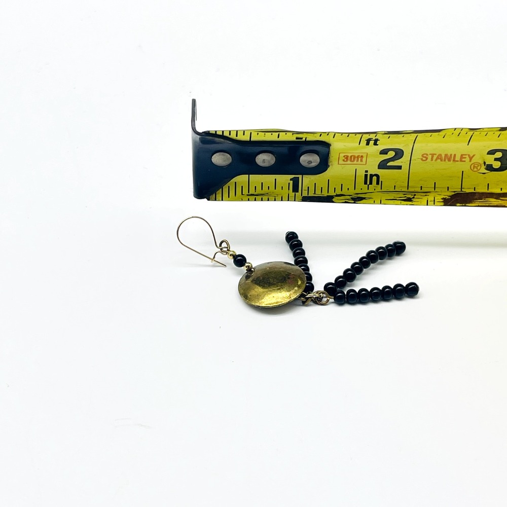 Gold Tone Disc Black Beaded Fringe Dangle Pierced Earrings Boho Statement - Picture 3 of 9